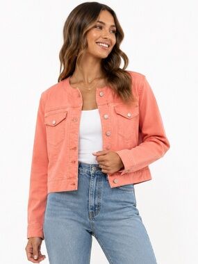 GAP Coral Pink Collarless Y2K Denim Jacket Stretch Cotton Size L